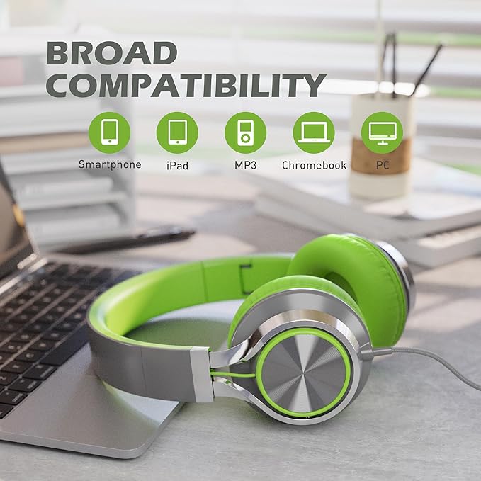AILIHEN C8 Headphones Wired, On-Ear Headphones with Microphone and Volume Control, Corded 3.5mm Headset for Boys Girl School Smartphones Chromebook Laptop Computer Tablets Airplane Travel (Grey/Green)