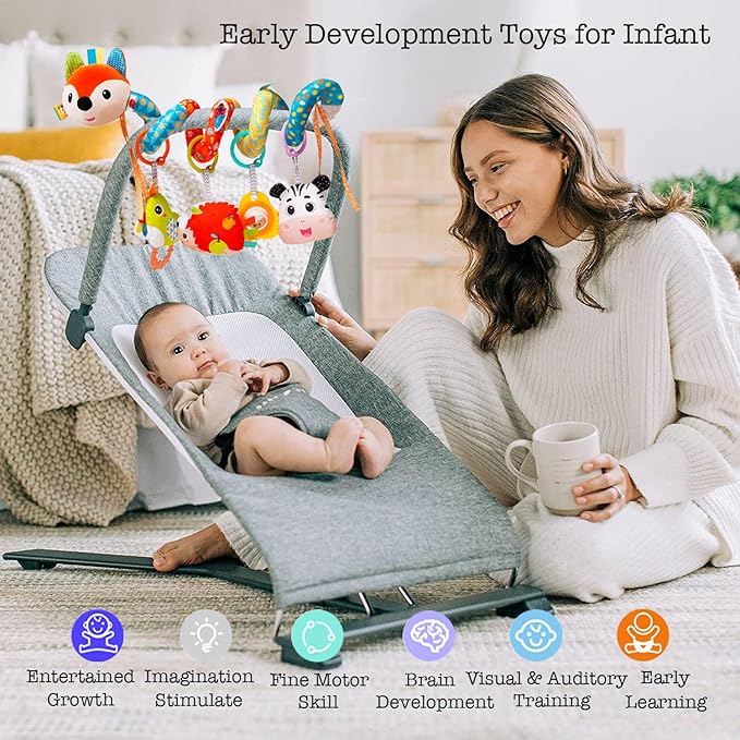 Baby Car Seat Toys, Infants Activity Spiral Plush Toys for Babies 0-6 Months Hanging Stroller Toy Gift for Infant Boys and Girls 0 3 6 12 Months Newborn Sensory Toy with Rattles Squeaker Music - Fox