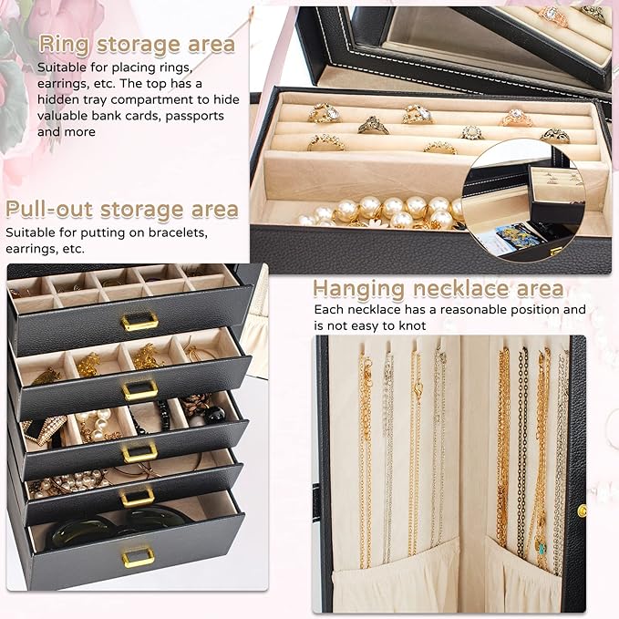 AKOZLIN Huge Jewelry Box Organizer Functional Lockable, Large Leather Jewelry Storage Case for Women Girls Ring Necklace Earring Bracelet Holder Organizer with Mirror
