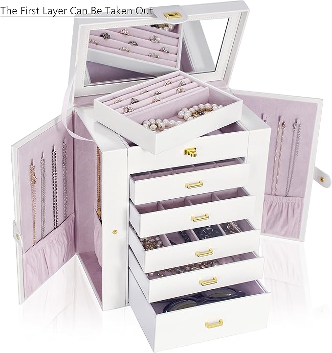 AKOZLIN Extra Large 6-Tier Jewelry Box Organizer with Mirror, 5 Drawers Leather Jewelry Storage Case for Women Girls Ring Necklace Earring Bracelet White