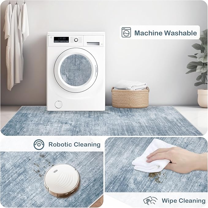 Area Rugs 5x7 Living Room: Washable Rug Modern Abstract Large Rugs Soft Non Slip Neutral Rug Stain Resistant Indoor Carpet for Bedroom Kitchen Dining Room Table Nursery Home Office Rugs(Blue,5'x7')