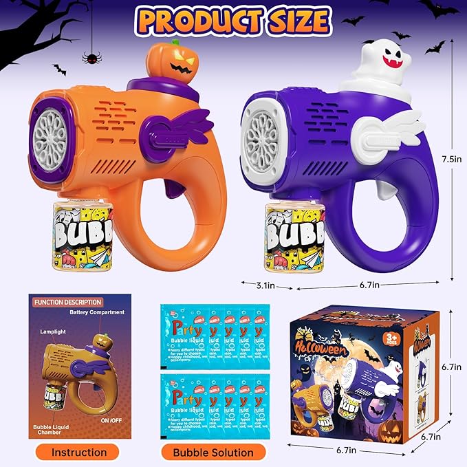 Halloween Bubble Machine Gun for Kids: 2 Pack Automatic Bubble Maker Blaster Toys with LED Lights, 10 Refill Solutions, Pumpkin & Ghost Bubble Blower for Halloween, Party Favor, Toddlers 3-8 Gifts