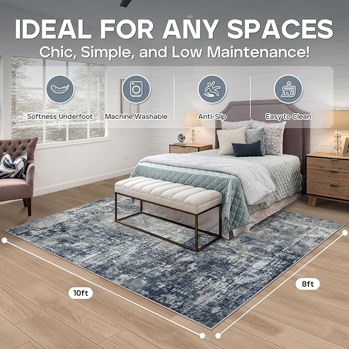 8x10 Area Rugs for Living Room Rug Washable: Modern Large Rug for Dining Room Bedroom Carpet Non Slip 8 by 10 Indoor Abstract Nursery Home Office Blue Grey