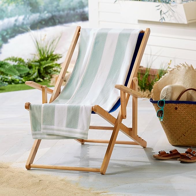 Great Bay Home 100% Cotton Velour 4 Pack Beach Towels 30" x 60" - Light Blue Cabana Stripe Pool Towels - Quick Dry, Large Swim Towels