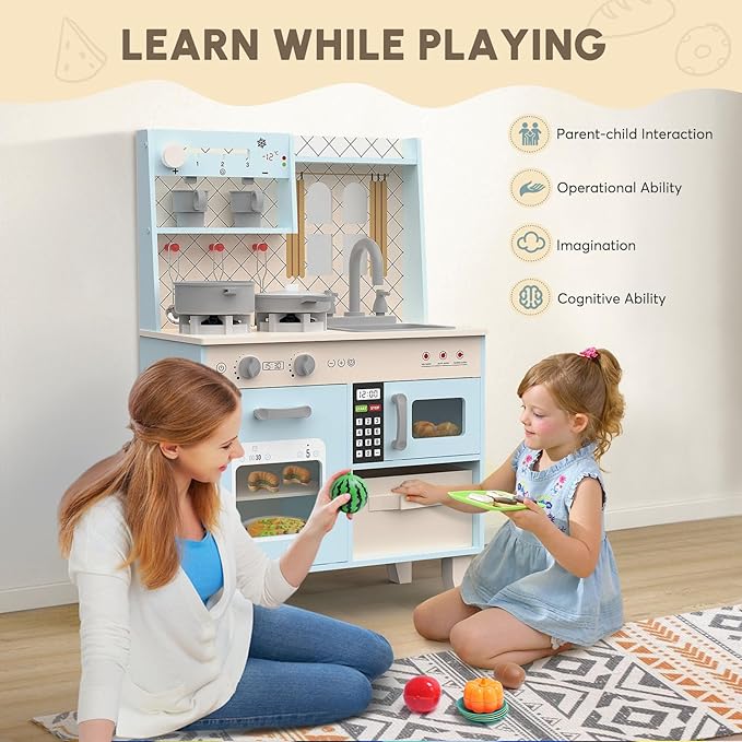 BIERUM Play Kitchen with Realistic Lights & Sounds, Wooden Kitchen Playset Chef Pretend Play Set for Toddlers, Toy Kitchen with 26 Pcs Toy Food & Cookware Accessories, Gift for Ages 3+