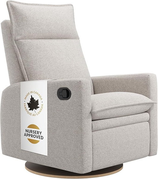 Arya Modern Nursery Glider Recliner Chair – Cozy Nursing Chair with 360° Swivel for New Parents, Gentle Motion, Compact Design, High Back & Low Armrests, Canadian Made (Heather Pearl/Arlo Fabric)