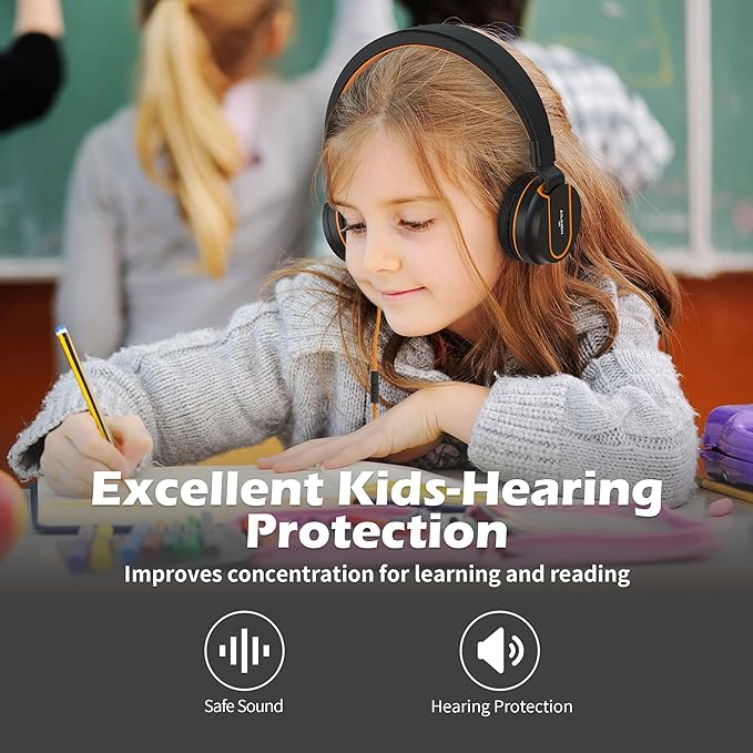 AILIHEN Kids Headphones, I35 On-Ear Headphones for School, Safe Volume 93dB, HD Mic Stereo Headphone for Kid Girls Boys, Foldable 3.5mm Wired for Chromebook, Laptop, Computer, Tablet (Black Orange)