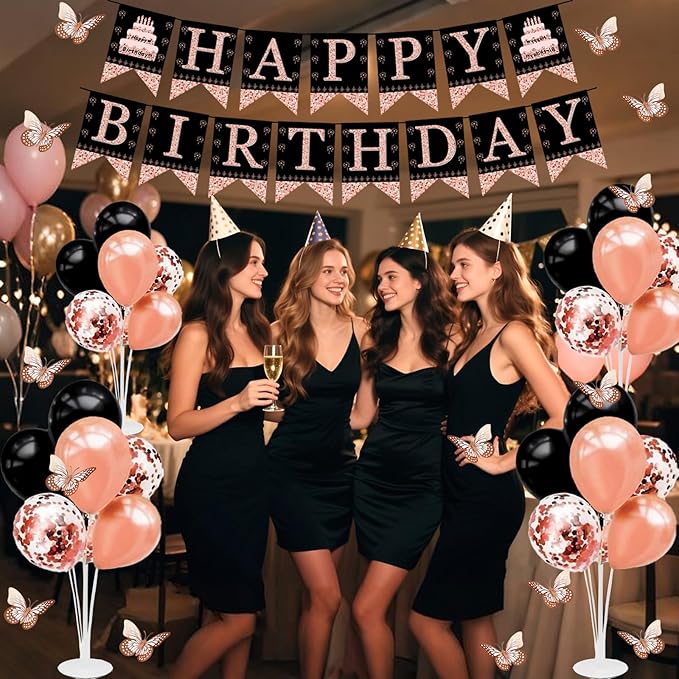 16th Birthday Decorations for Girls - 56pcs Rose Gold Happy 16th Banner, 16th Birthday Crown Sash, Cake Topper, Number 16 balloons, 3D Butterflies, 4 Balloon Stands kits