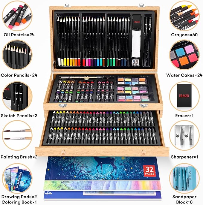 Art Supplies, iBayam 150-Pack Deluxe Wooden Art Set Crafts Drawing Painting Kit with 1 Coloring Book, 2 Sketch Pads, Creative Gift Box for Adults Artist Beginners Kids Girls Boys