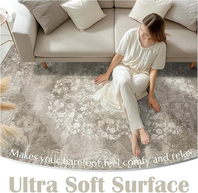 jinchan Washable Area Rug 8x10 for Living Room - Soft Faux Wool Ultra-Thin Stain Resistant Non-Slip Distressed Vintage Floral Large Carpet for Bedroom,Dining Room,Home Office,Nursery(Brown, 8'x10')