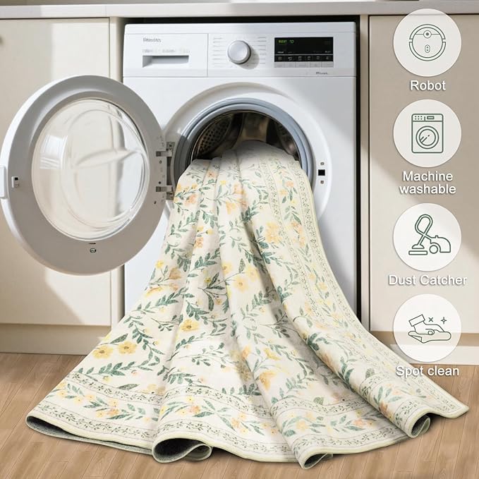 Area Rug Living Room Rugs: Floral 5x7 Washable Rug Vintage Soft Boho Non-Slip Carpet Indoor Stain Resistant Large Carpets for Bedroom Dining Room Farmhouse Nursery Hallway Home Office Beige/Multi