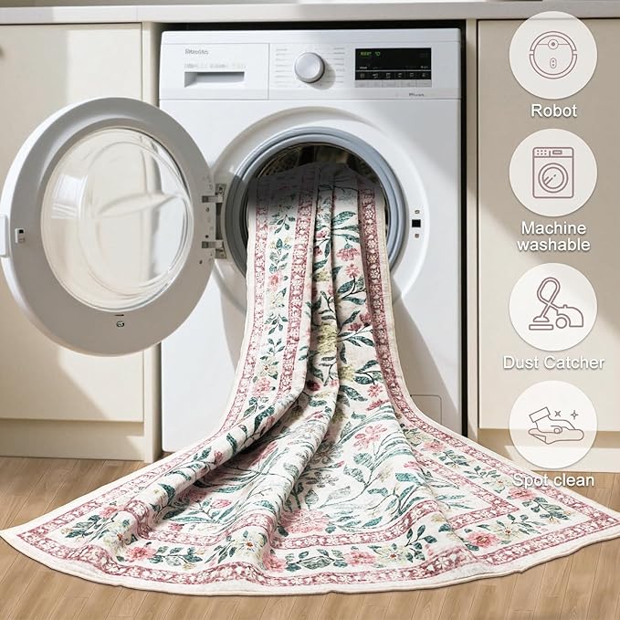 6x9 Area Rugs for Living Room: Floral Washable Rug Vintage Large Soft Boho Non-Slip Carpet Indoor Stain Resistant Thin Carpets for Bedroom Dining Room Farmhouse Nursery Hallway Home Office Pink Green