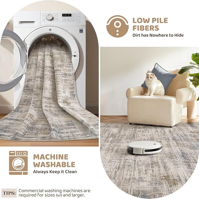 Area Rug for Living Room: 3x5 Washable Neutral Abstract Modern Soft Rugs Non Slip Indoor Floor Stain Resistant Carpet for Bedroom Dining Room Office Nursery - Brown