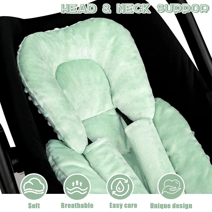 GFU Infant Car Seat Insert Head and Body Support, Reversible Newborn Insert for Carseat with Strap Pads, Soft Stroller Cushion Pillow Insert for Boys and Girls, Fits for Stroller, Swing, Green