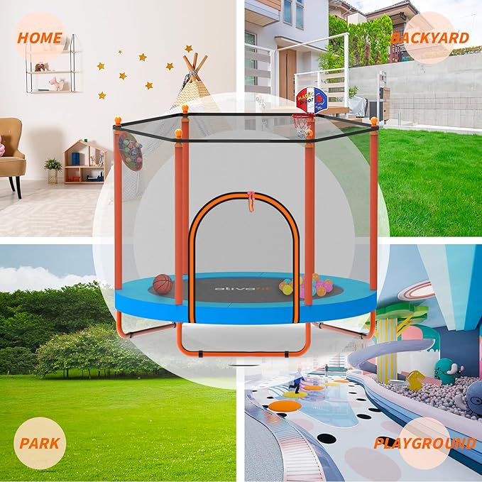 Ativafit 60'' Rebounder Trampoline Indoor Outdoor for Kids Ages 1-8, 5 FT Recreational Toddler Trampoline with Safety Enclosure Net Gifts with Basketball Hoop Dartboard Ocean Bal