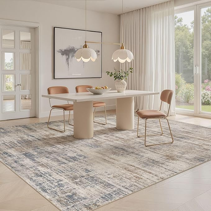 Area Rug for Living Room: 8x10 Washable Neutral Abstract Modern Soft Rugs Non Slip Indoor Floor Stain Resistant Large Carpet for Bedroom Dining Room Office Nursery - Brown