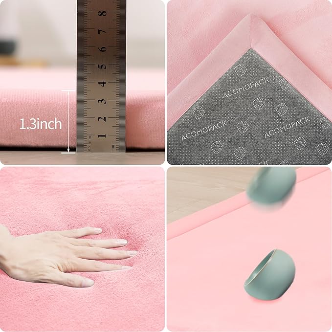ACOMOPACK Baby Play Mat for Floor 1.3" Thick Memory Foam Play Mat 59"×71" Tummy Time Crawling with Non-Slip Bottom for Living Room,Nursery,Soft Velvet Playpen Mats for Kids,Infants(Pink)