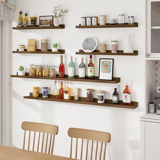 Axeman Picture Ledge Shelf, Floating Shelves for Wall Decor Storage Set of 6, 48 inch Floating Wall Mounted Shelves, Wall Shelves with Lip for Living Room, Bedroom, Nursery, Bathroom, Kitchen, Walnut