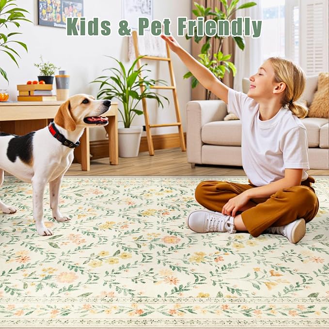Area Rugs 9x12 Living Room: Floral Washable Rug Vintage Large Soft Boho Non-Slip Carpet Indoor Floor Stain Resistant Low Pile Carpets for Bedroom Dining Room Farmhouse Nursery Home Office Beige/Multi
