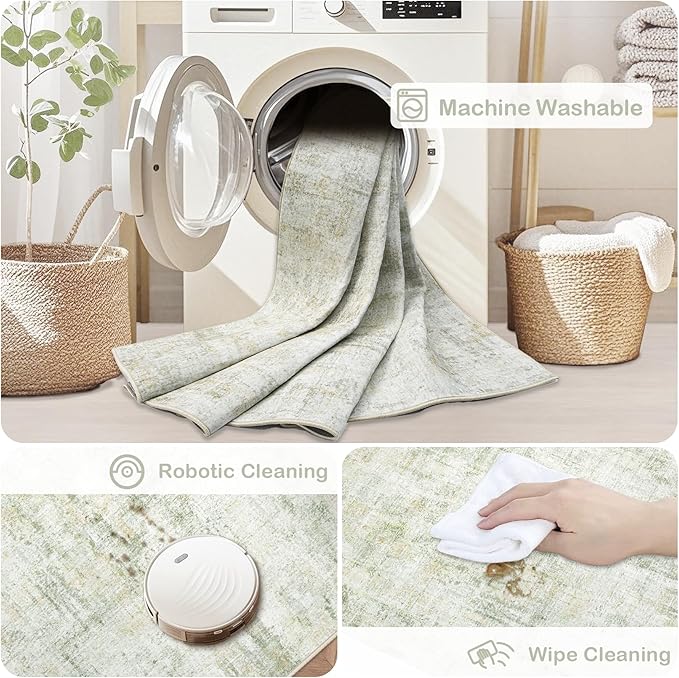 Area Rugs 6x9 Living Room: Washable Rug Modern Abstract Large Rugs Soft Non Slip Neutral Rug Stain Resistant Indoor Carpet for Bedroom Kitchen Dining Room Nursery Home Office Rugs(Green Brown,6'x9')