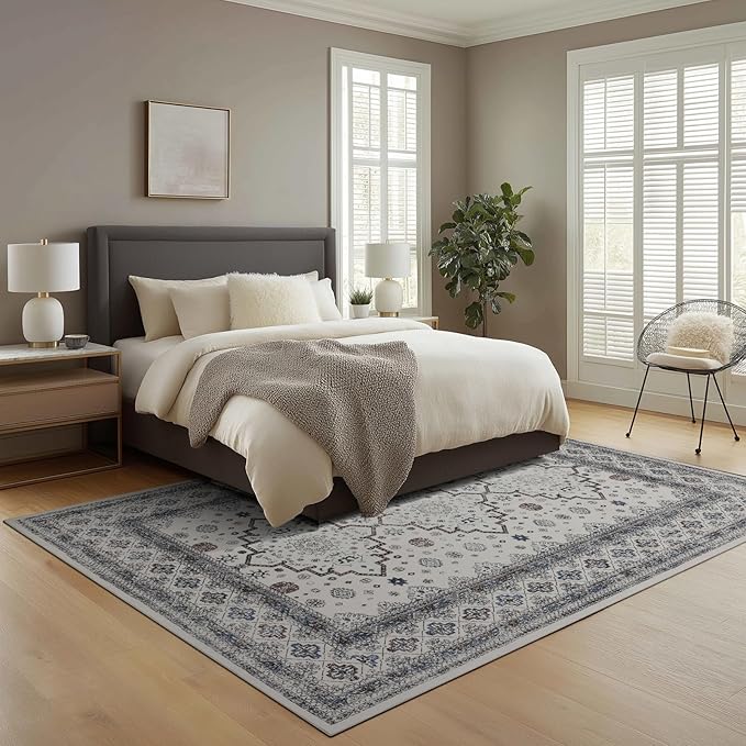 4x6 Washable Area Rug for Living Room, Carpet for Bedroom, Soft Faux Wool Retro Dining Room Rug, Non Slip&Non-Shedding Resistant Low Pile Vintage Print Rug for Home Office (White Cream/Gray)