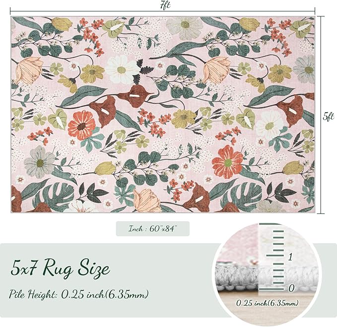 Area Rug Living Room Rugs: 5x7 Washable Rug Vintage Floral Soft Boho Non Slip Carpet Indoor Floor Non Shedding Low Pile Thin Carpets for Bedroom Dining Room Farmhouse Nursery Home Office Light Pink