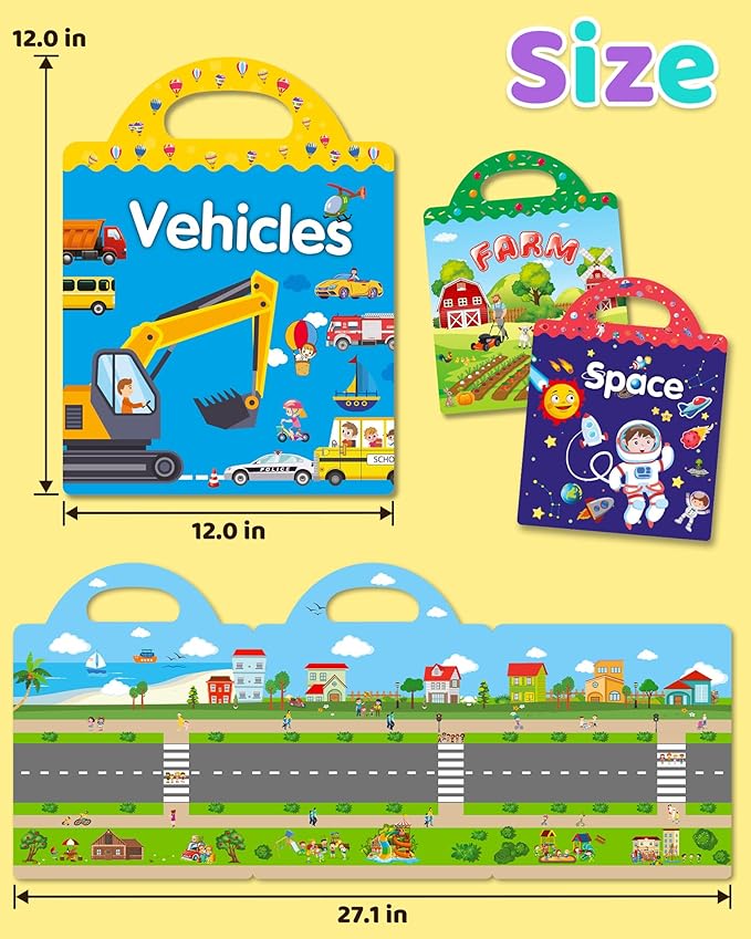 Benresive Reusable Sticker Books for Kids 2-4, Sticker Books for Toddlers 1-3 2-4, Toddler Travel Toys Activities Crafts Gifts - Farm, Space and Vehicle
