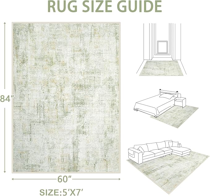 Area Rugs 5x7 Living Room: Washable Rug Modern Abstract Rugs Soft Non Slip Neutral Rug Stain Resistant Indoor Carpet for Bedroom Kitchen Dining Room Nursery Home Office Rugs(Green Brown,5'x7')