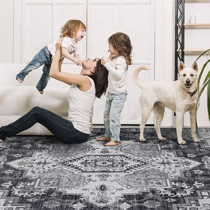 4x6 Washable Area Rug for Living Room, Carpet for Bedroom, Soft Faux Wool Retro Dining Room Rug, Non Slip&Non-Shedding Resistant Low Pile Vintage Print Rug for Home Office (Medium Gray)