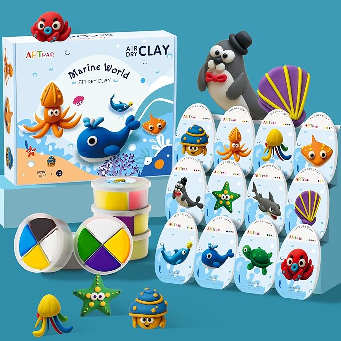 ARTPAR Air-Dry Clay Kit for Kids,12 Marine Animals Modeling Magic Clay Sculpting Tools Set,Non-Toxic, Ultra-Light,Creative DIY School Arts & Crafts Gifts for Boys & Girls Ages 3-12