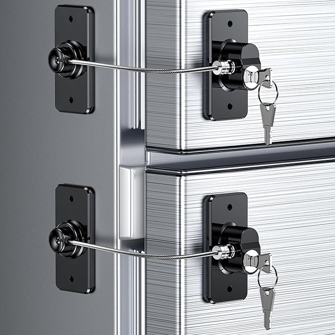 2 Pack Refrigerator Door Lock with Adhesive, No Tools Required, Child Proof Fridge Door Lock for Kids and Pets, Self Adhesive Latch for Freezer, Cabinets, Drawers, Air Oven, Windows (Patent)