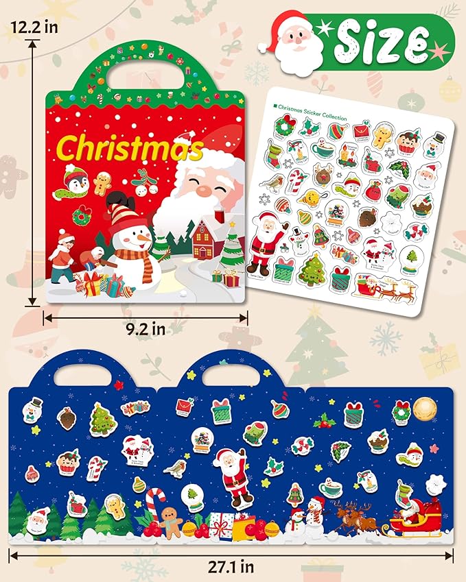Benresive Reusable Sticker Book for Toddlers 2-4 Years, Fun Travel Stickers for Kids, Waterproof Sticker Books for Toddlers 1-3, Crafts Activities for Todddlers 1-3 2-4 3-5 - Christmas