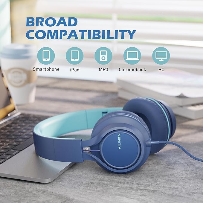 AILIHEN C8 Headphones Wired, On-Ear Headphones with Microphone and Volume Control, Corded 3.5mm Headset for Boys Girl School Smartphones Chromebook Laptop Computer Tablets Airplane Travel (Indigo)