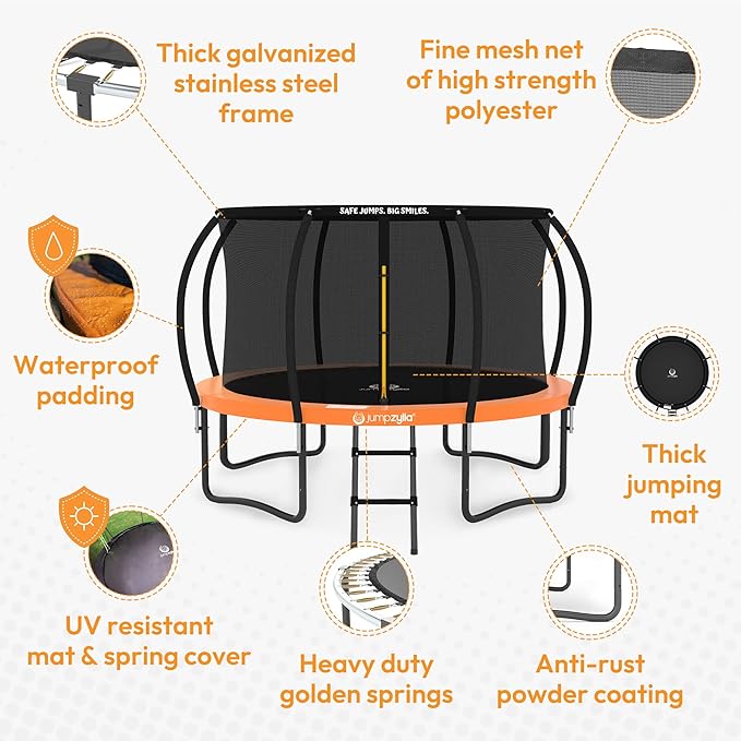 JUMPZYLLA Trampoline Outdoor 8FT 10FT 12FT 14FT 15FT 16FT with Enclosure and Ladder, ASTM Approved Recreational Trampoline for Kids and Adults, Anti-Rust Coated Frame