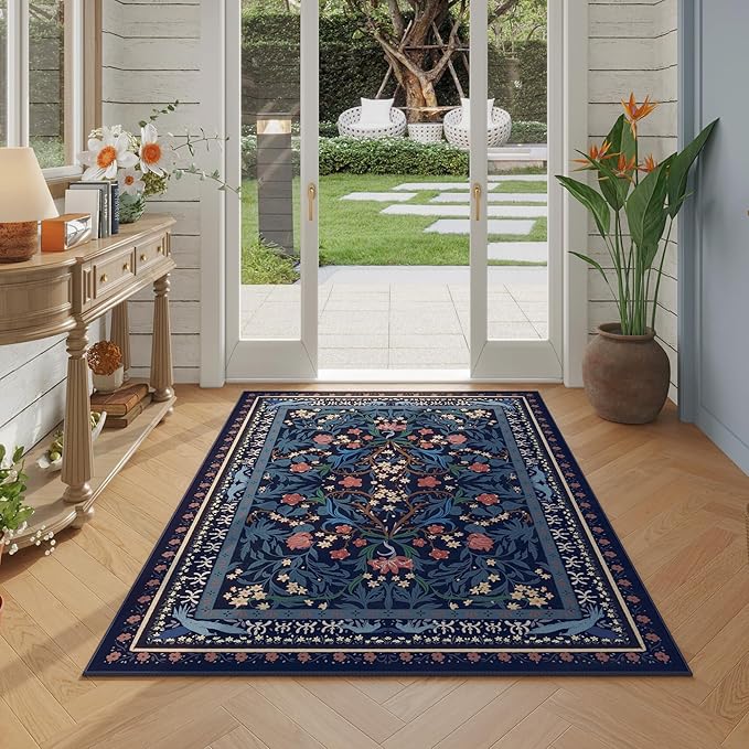 Area Rug 4x6 Rug Washable Vintage Floral Botanical Rugs Non Slip Low Pile Small Carpet for Bedroom, Bedside, Kids Room, Office, Dining Room, Blue