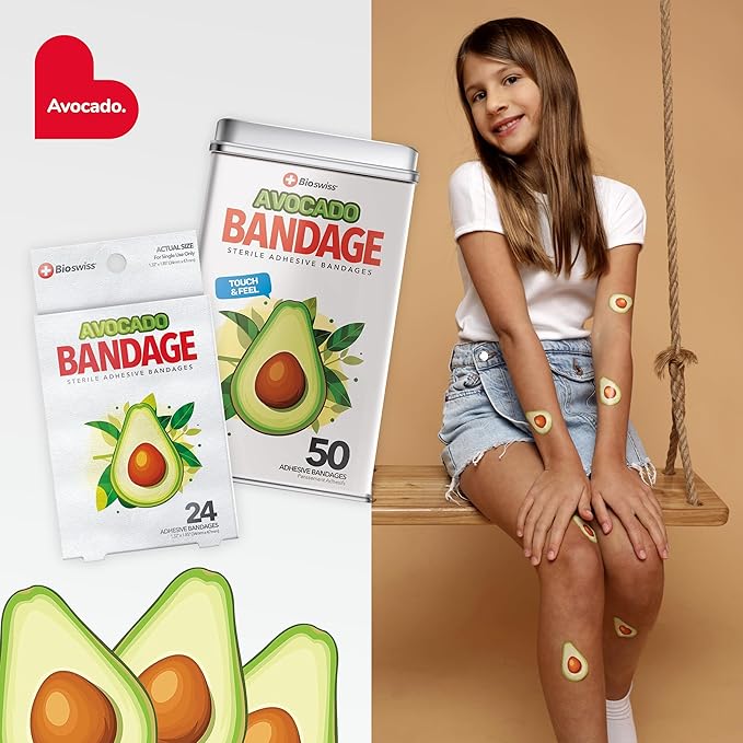 BioSwiss Bandages, Avocado Shaped Self Adhesive Bandage, Latex Free Sterile Wound Care, Fun First Aid Kit Supplies for Kids, 50 Count