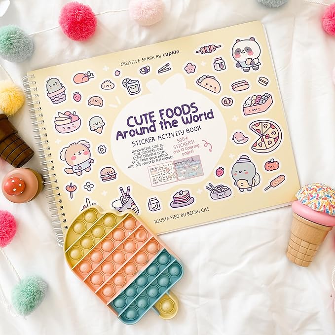 Girly Sticker Book Activity for Kids, Cute Foods Around The World by Cupkin, Toddler Airplane Travel Essentials, 500+ Stickers for Kids 12 Scenes + Coloring Book Pages, Crafts Ages 2-8