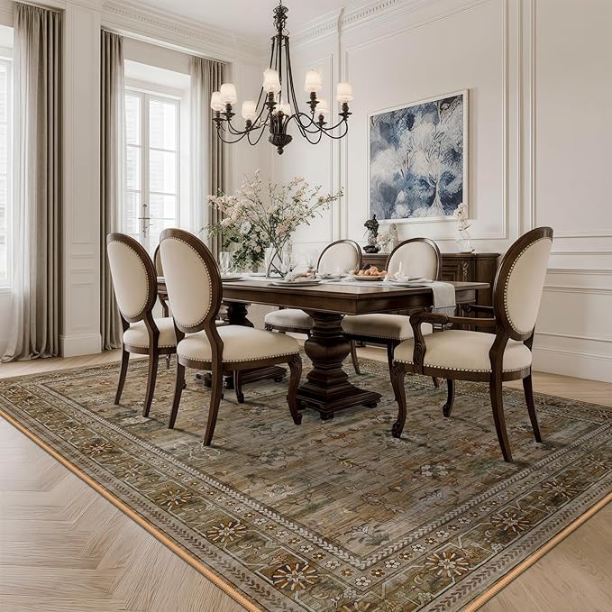 4x6 Area Rug for Bedroom Machine Washable, Non Slip Vintage Floral Kitchen Rugs for Dining Room, Low Pile Indoor Floor Print Carpet for Nursery Farmhouse Home Office Olive/Charcoal