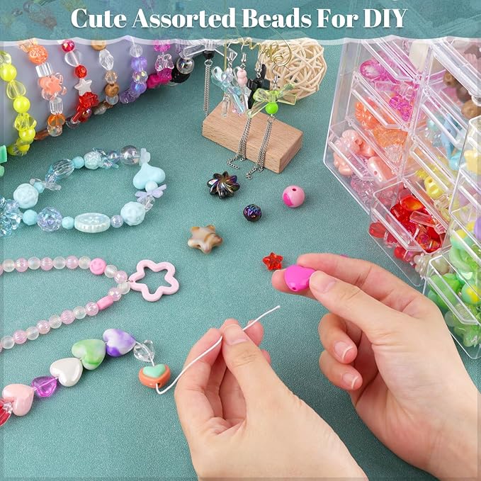 Assorted 260-320PCS Acrylic Beads for Bracelet Making, Flower Bow Butterfly Candy GummyBear Kawaii Aesthetic Beads,Cute Bead for Jewelry Making DIY Necklace Keychain Phone Charms(6 Colors)