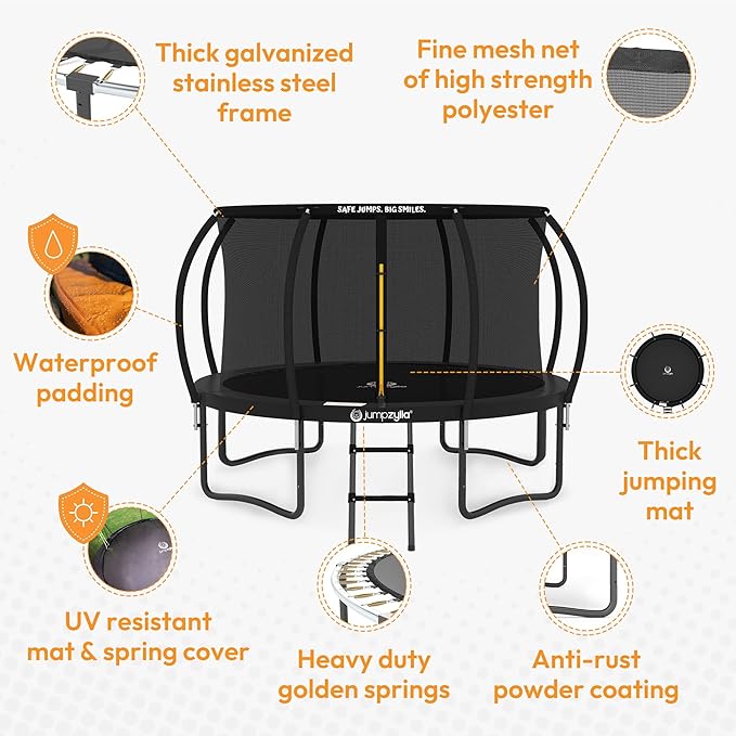 JUMPZYLLA Trampoline Outdoor 8FT 10FT 12FT 14FT 15FT 16FT with Enclosure and Ladder, ASTM Approved Recreational Trampoline for Kids and Adults, Anti-Rust Coated Frame