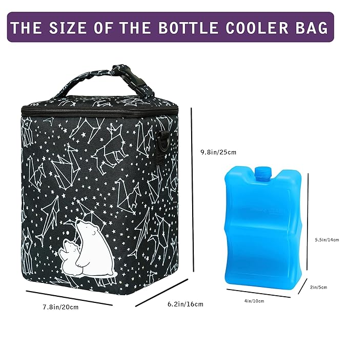 Breastmilk Cooler Bag with Ice Pack Fits 4 Baby Bottles Up to 9 Ounce Insulated Baby Bottle Bag Breast Milk Cooler on The Go with Strap Baby Bottle Cooler Bag for Nursing Mom Daycare or Travel