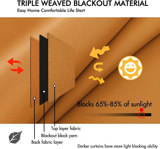 ANRODUO Back Tab Blackout Curtains for Bedroom Living Room, Rod Pocket Pinch Pleated Thermal Insulated Room Darkening Curtains 54 Inches Long 2 Panels, Mustard Yellow, 42 x 54 Inch