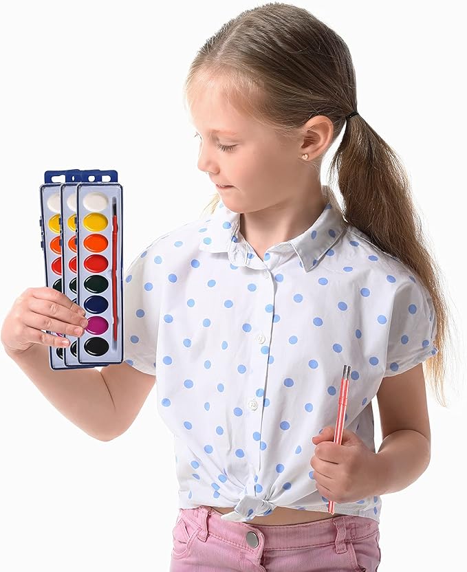 Bedwina Watercolor Paint Set- Bulk Of 24 Sets - 8 Water Color Washable Paints, Palette Tray and Painting Brush, for Art Schools and Paint Party Supplies