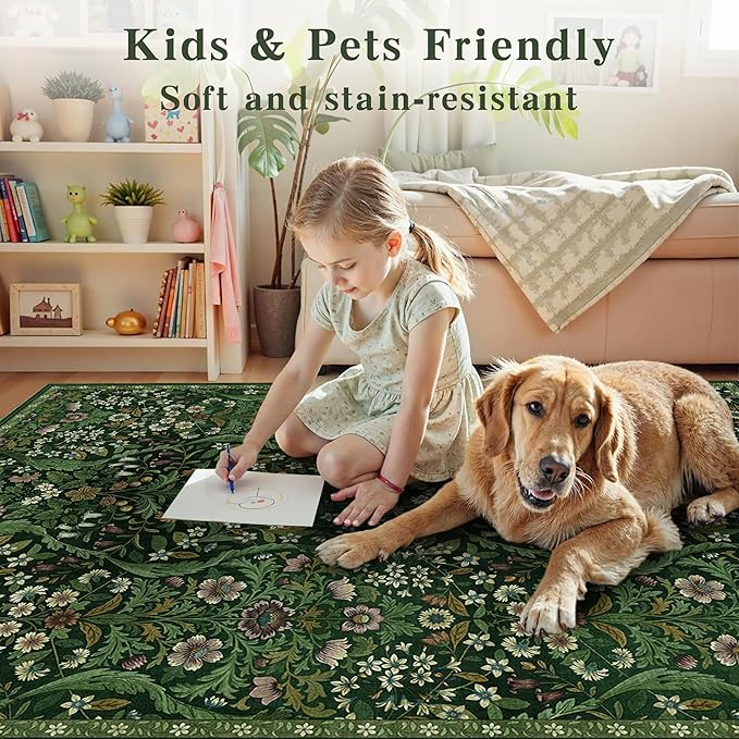2x6 Washable Runner Rug,Dark Green Floral Boho Area Rug for Hallway,Low-Pile Non-Slip Stain Resistant Carpet for Kitchen, Bedside,Laundry Room,Entryway