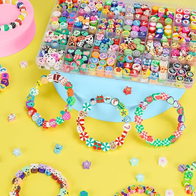 Gionlion 500 Pcs Polymer Clay Beads Bracelet Making Kit,24 Style Animal Fruit Flower Butterfly Bunny Pony Letter Beads Charms for Jewelry Making, DIY Art and Crafts Toys Gifts for 4+ Year Old Kids