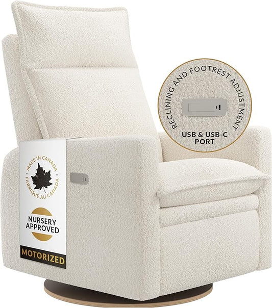 Arya Modern Nursery Chair Glider Recliner with 180° Swivel - Cozy Motorized Reclining Nursing Chair with USB Ports, Gentle Motion, Ergonomic Design, Canadian-Made (Pearl/Puppy Fabric)