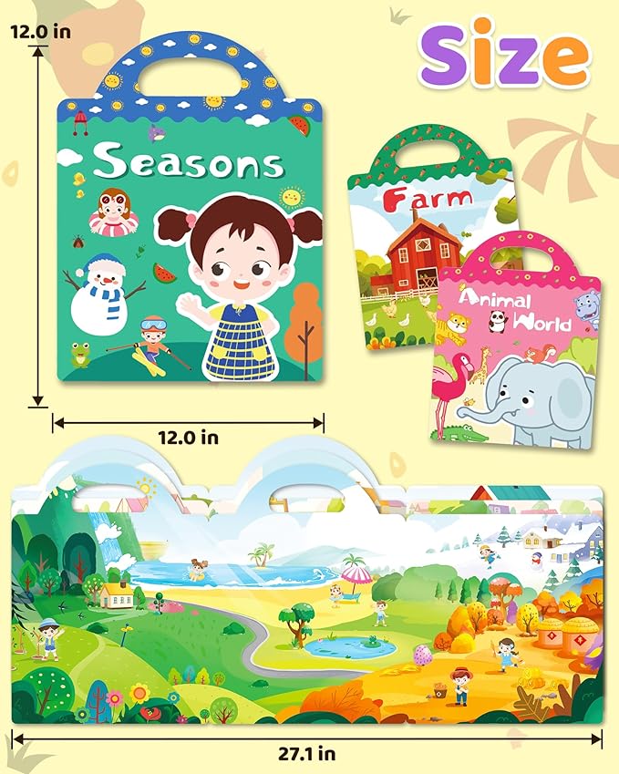 Benresive Reusable Sticker Books for Kids 2-4, Sticker Books for Toddlers 1-3 2-4, Toddler Travel Toys Activities Crafts Gifts - Farm, Animal and Season