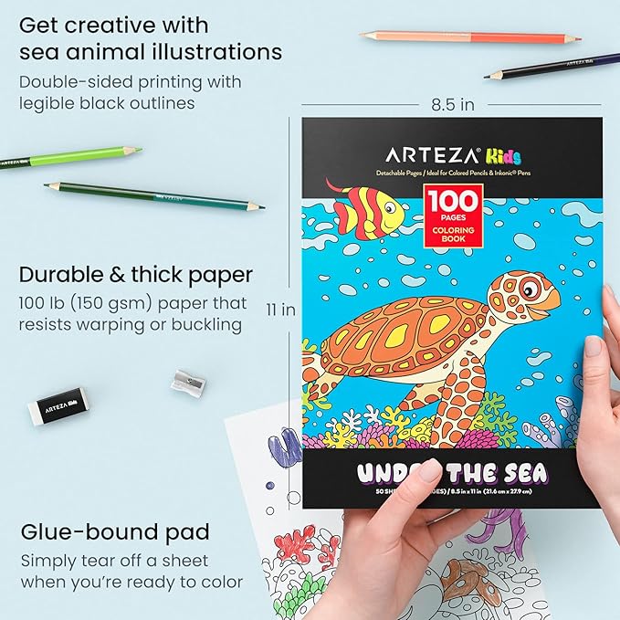 ARTEZA Kids Coloring Book and Colored Pencils Kit, 8.5x11 Inches, Sea Creature Illustrations, 50 Double-Sided Coloring Sheets, 100-lb Paper