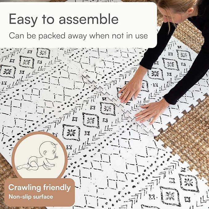 Baby Play Mat for Floor – 4x6ft Boho | Soft Non Toxic Premium EVA Foam Tiles for Tummy Time, Crawling & Playroom – Waterproof Interlocking Floor Mat for Babies & Toddlers by Lillefolk (6 Tiles)