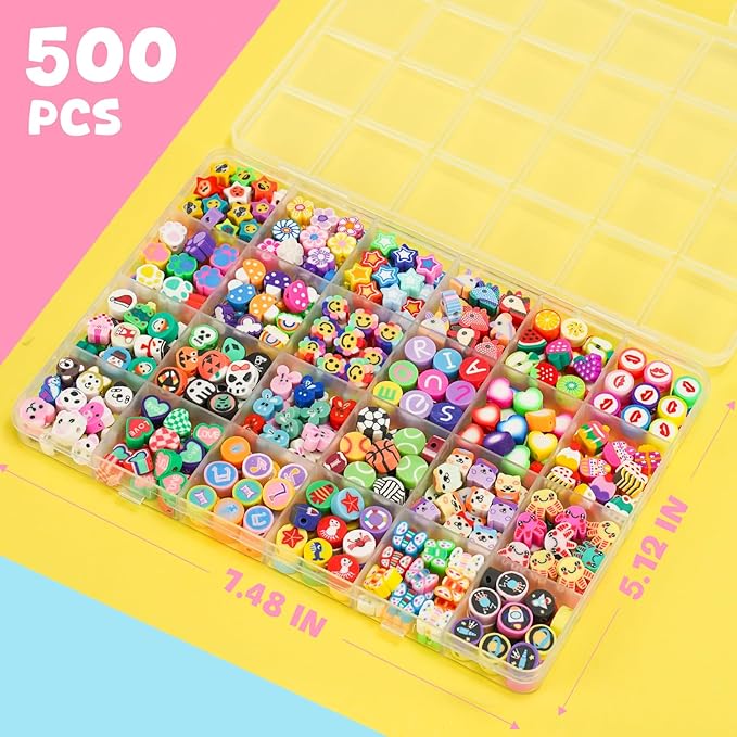 Gionlion 500 Pcs Polymer Clay Beads Bracelet Making Kit,24 Style Animal Fruit Flower Butterfly Bunny Pony Letter Beads Charms for Jewelry Making, DIY Art and Crafts Toys Gifts for 4+ Year Old Kids